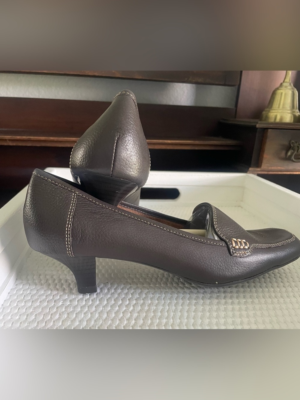 AEROSOLES Brown Low Heel Slip-On Pumps with Stitch Detail